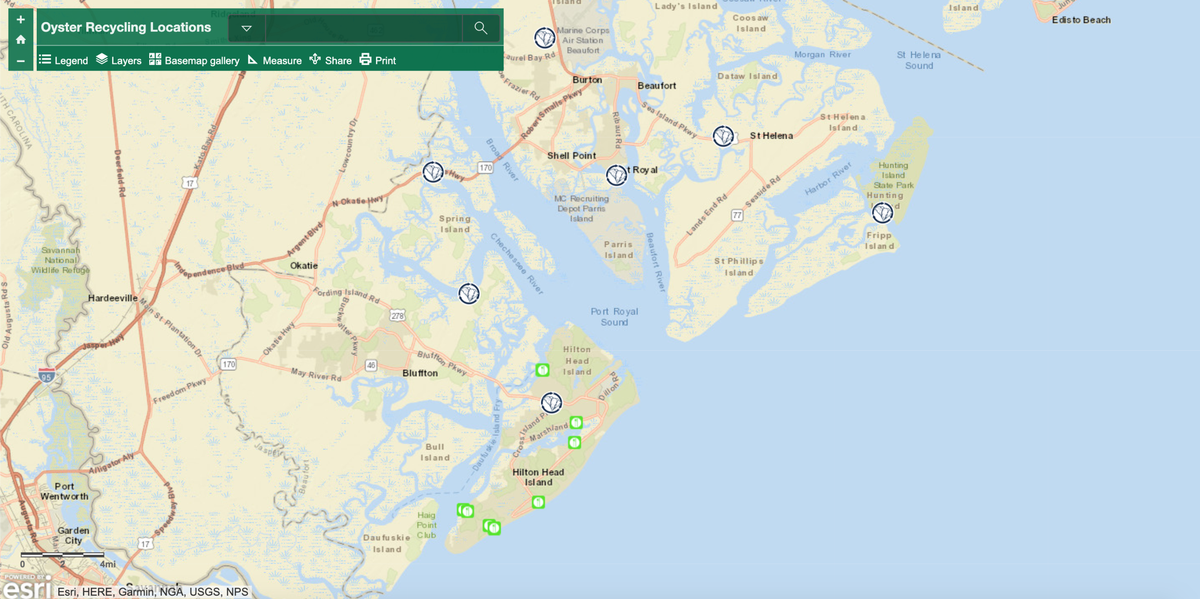 A map of oyster shell recycling locations in Beaufort County.
