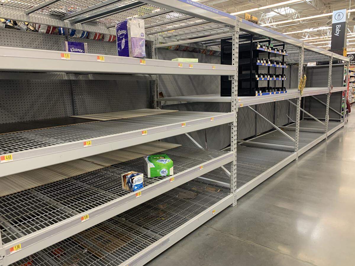 A near empty shelf in the paper products section at the Bluffton Walmart on the morning of March 13, 2020.