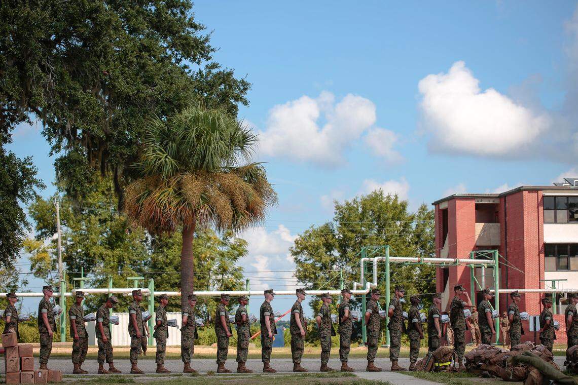 Recruits at Marine Corps Recruit Depot Parris Island prepare to evacuate to Marine Corps Logistic Base Albany following an evacuation order directed by Brig. Gen. James Glynn, the depot’s commanding general. Glynn would later rescind that order Tuesday, Sept. 11, 2018, after S.C. Gov. Henry McMaster lifted a mandatory evacuation order for Beaufort County, which the governor issued the day before. The recruits will stay on Parris Island, which is closed to the public as the depot prepares for weather associated with Hurricane Florence, according to Marine Corps officials.