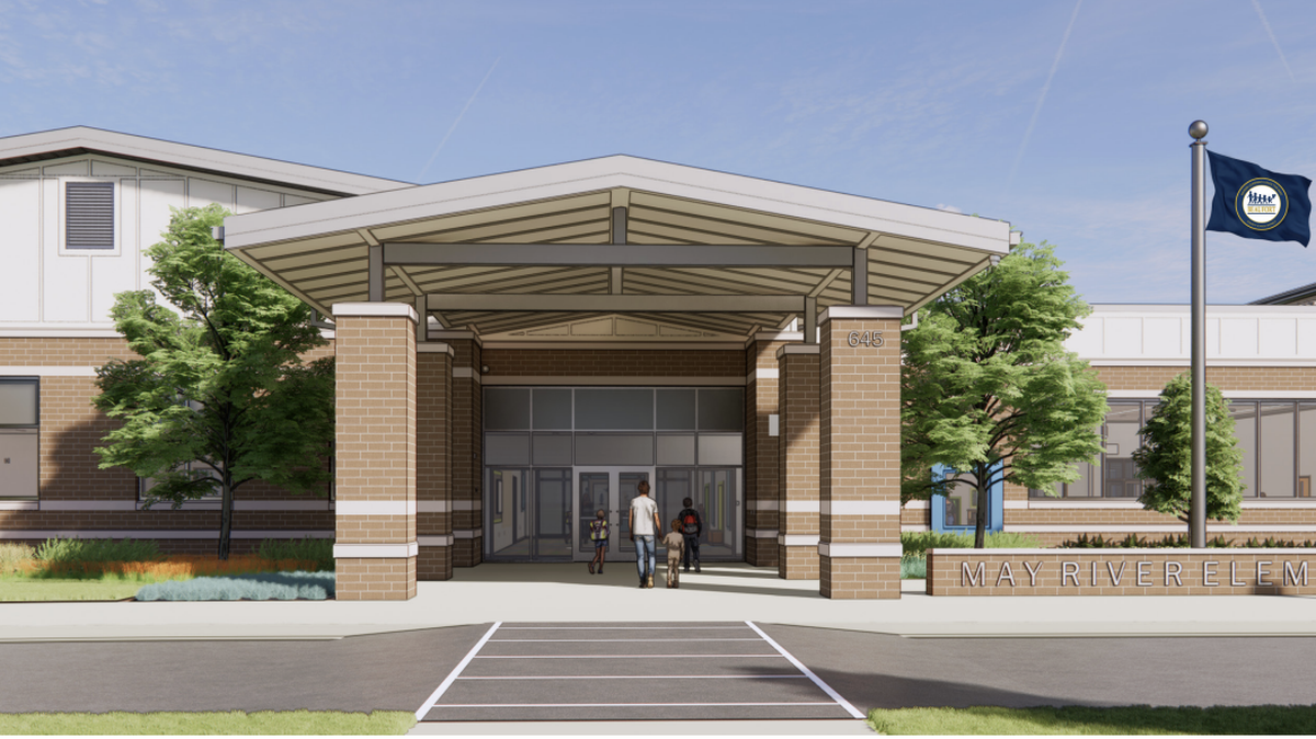Rendered image of May River Elementary School, set to open for the 2027-2028 school year. Designed by Quakenbush Architects and constructed by Thompson Turner Construction.