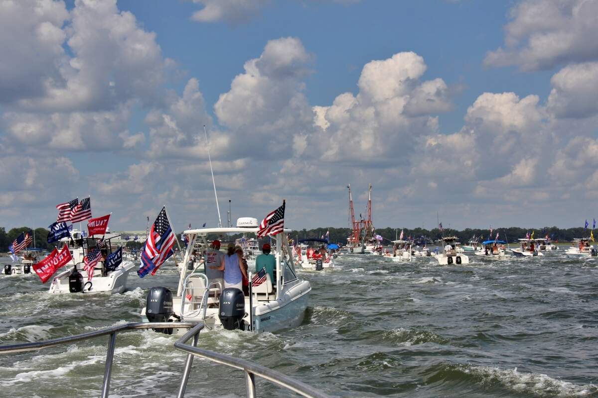 This photo taken Saturday, Sept. 5, 2020 on the Beaufort River shows a parade of boats assembled in support of President Donald Trump.