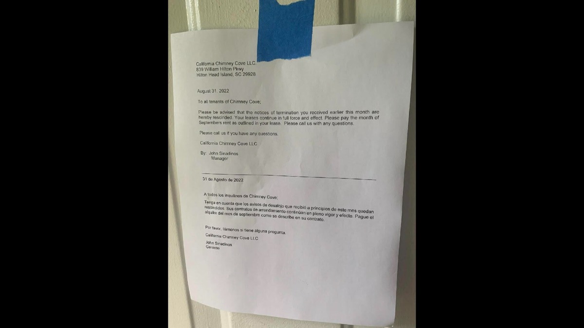 A notice posted to doors at Chimney Cove on Aug. 31. The letter rescinds the previous eviction notices residents received on Aug. 12.