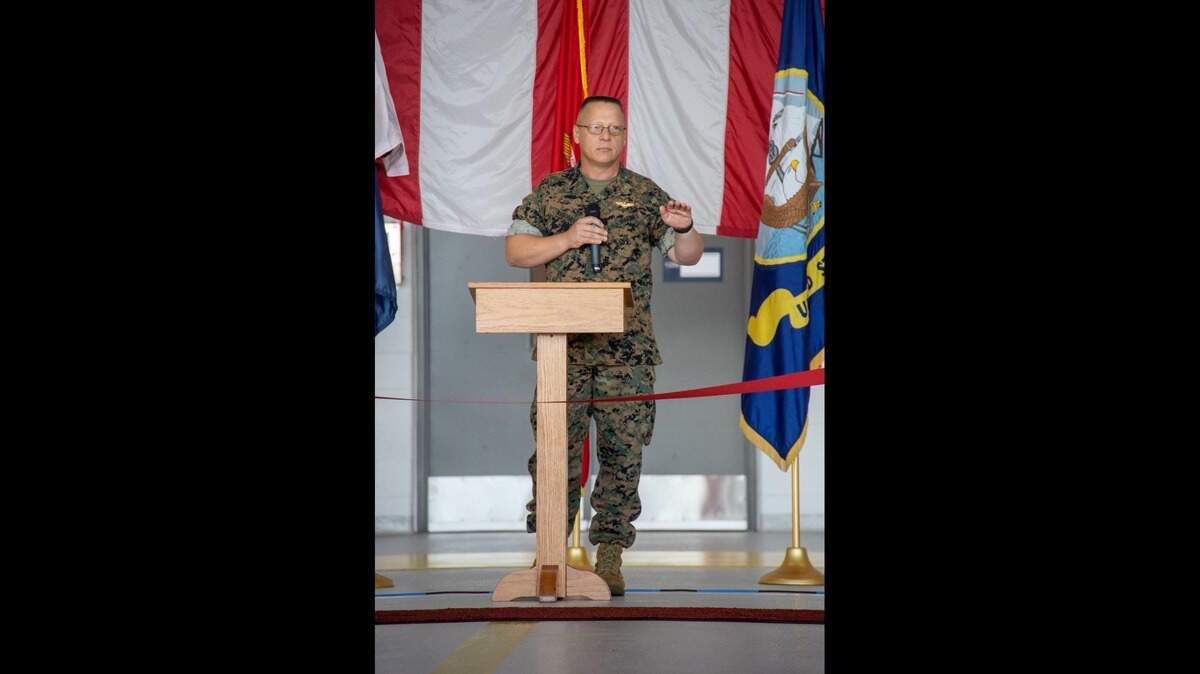 U.S. Marine Col. Karl R. Arbogast, commanding officer, Marine Corps Air Station (MCAS) Beaufort, speaks about the capabilities of the new hangar during a ribbon cutting ceremony at Hangar 3090 at Marine Corps Air Station Beaufort, on Thursday. Hangar 3090 is the new home of Marine Fighter Attack Training Squadron 501 and will set the standard for future F-35B Lightning II hangars, the Marines said.