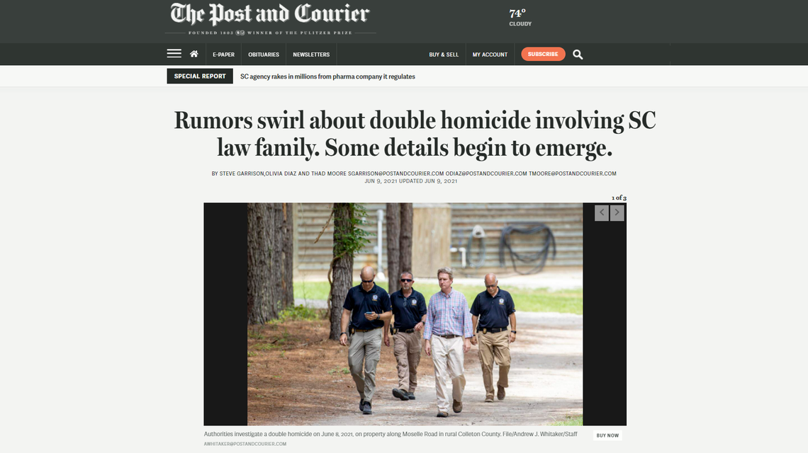 A screenshot of a June 9, 2021, article from the Charleston Post and Courier newspaper that included a photo of investigators from the 14th Circuit Solicitor’s Office at the crime scene where Paul and Maggie Murdaugh were murdered.