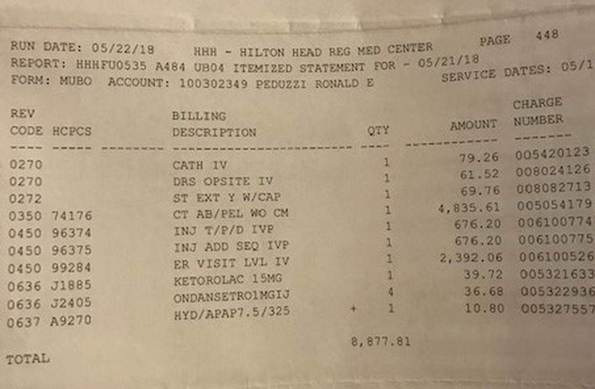 A portion of Ron Peduzzi’s bill from Hilton Head Hospital.
