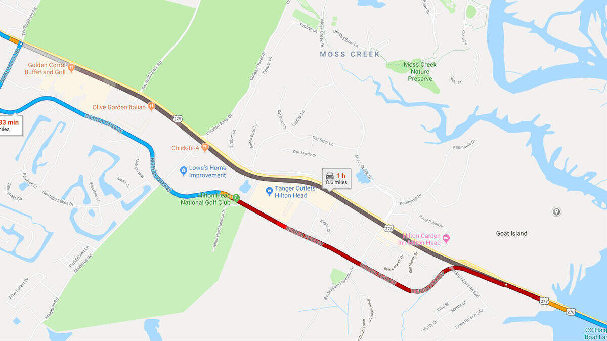 Google Maps screenshot of both routes backing up to go onto Hilton Head near Burnt Church Road and Bluffton Parkway, Tuesday morning at 8:42 a.m.