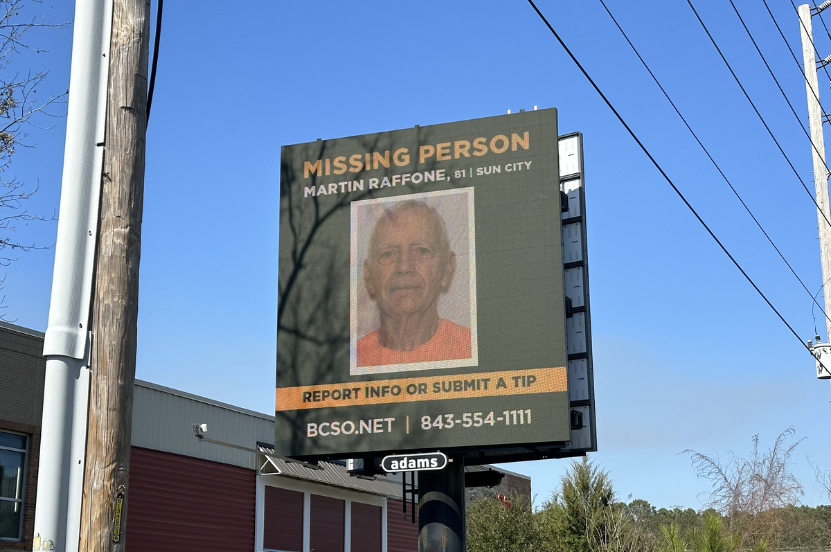 A billboard alongside S.C. 170 near Schinger Avenue displays information on 81-year-old Martin Raffone, who was reported missing by family members the morning of Feb. 20.