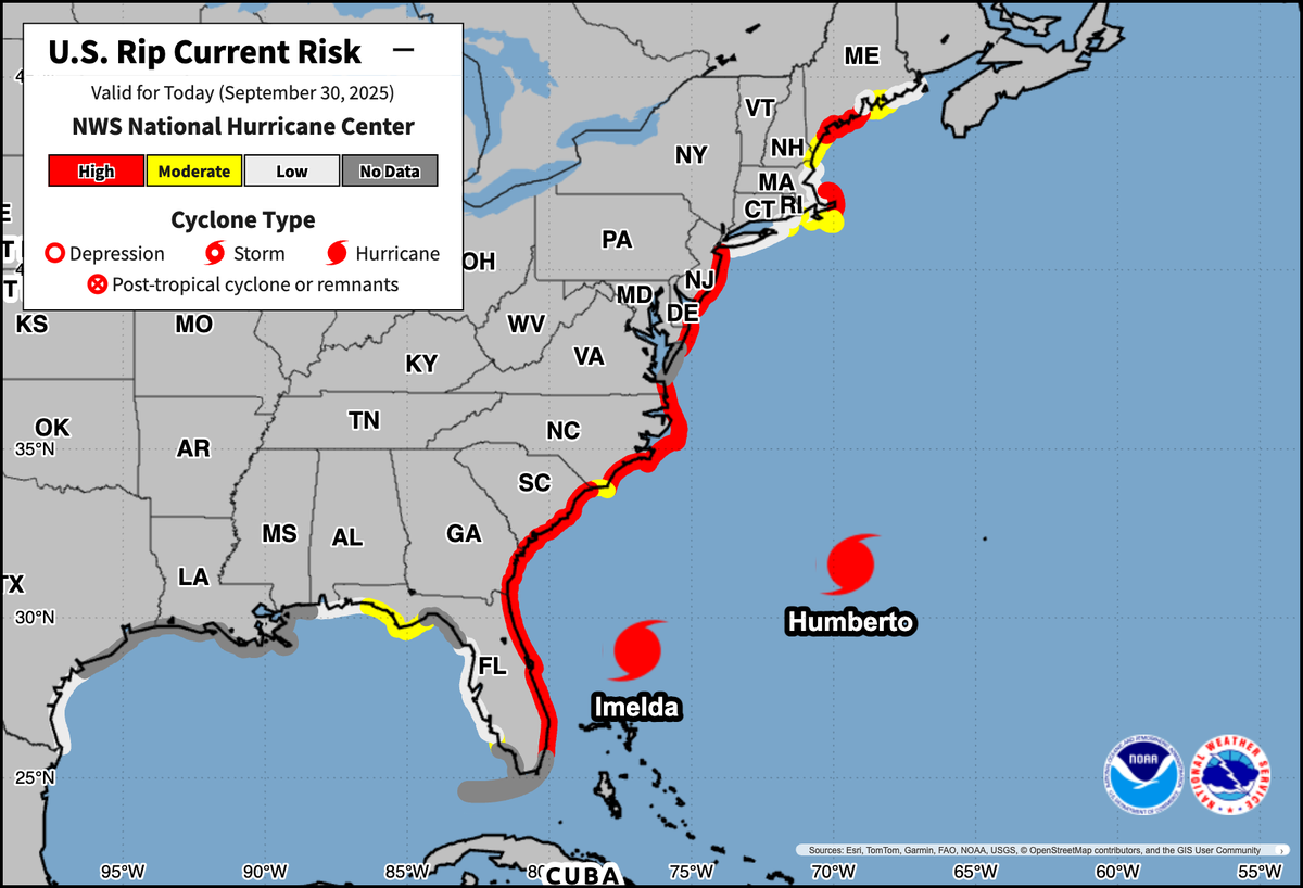 Rip current risk as of Tuesday, Sept. 30, 2025 from Hurricane Imelda and Hurricane Humberto