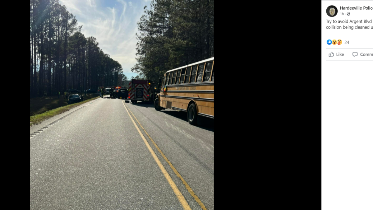A photo from the Hardeeville Police Department of a four-car collision reported on Argent Boulevard near Sun City that is impacting traffic on January 31, 2022.