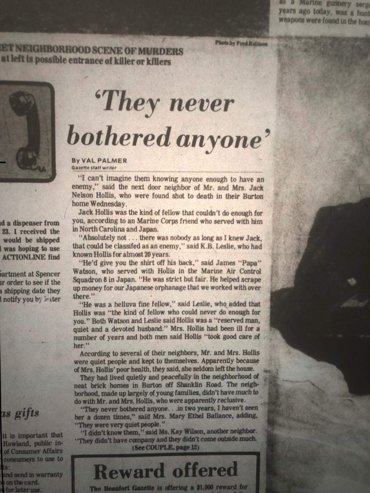 A section from The Beaufort Gazette article on the Hollis murders written on Dec. 27, 1979, talks about how shocked neighbors were that such a quiet couple that kept to themselves would be killed in their own home.