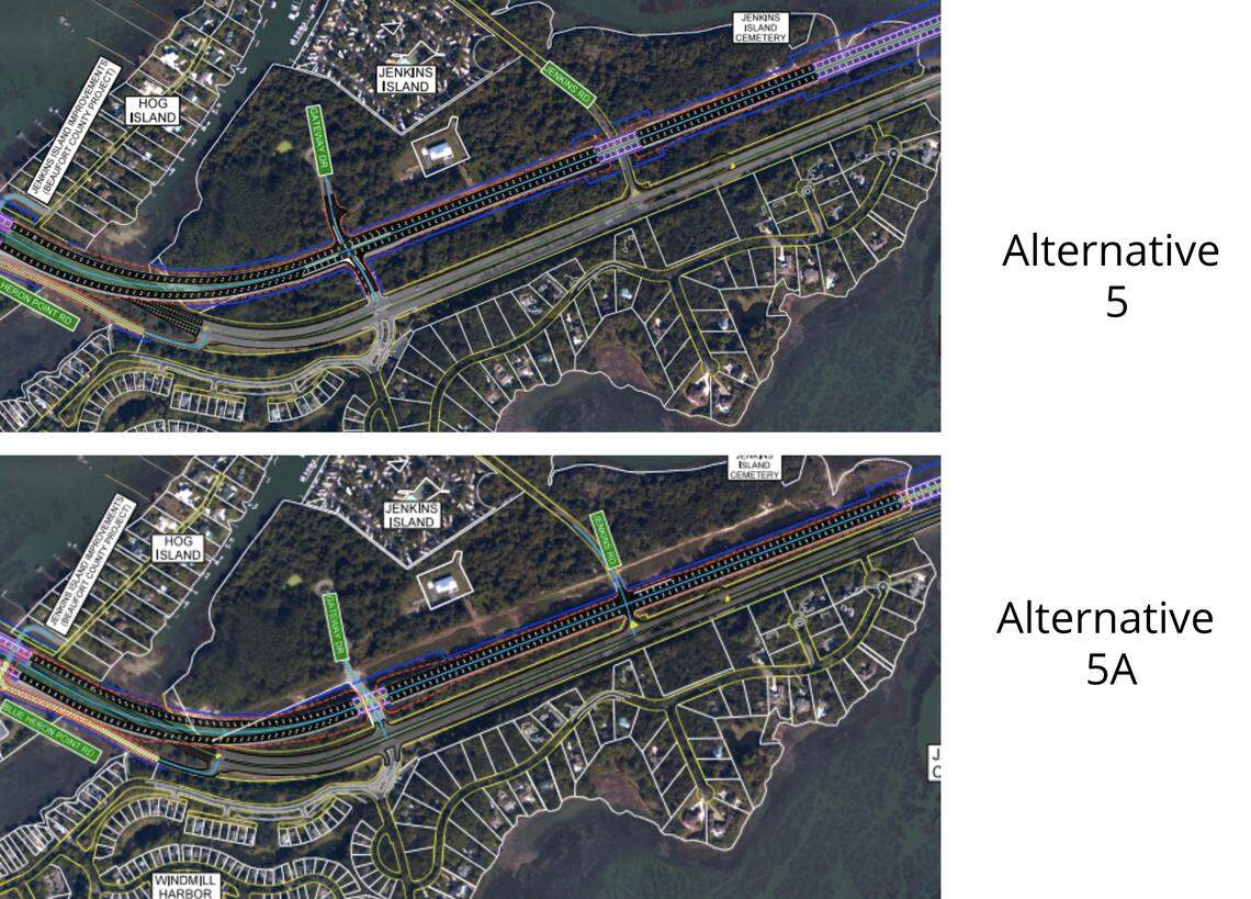 A comparison between alternative 5 and 5A from SCDOT. The grey represents the existing highway and the black represents the future highway at Jenkins Island.
