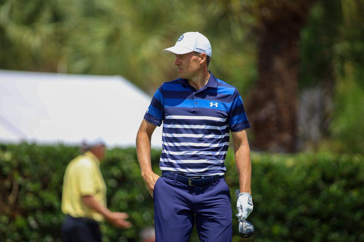 Jordan Spieth looks towards the gallery after teeing off from the first hole during the final round of the RBC Heritage Presented by Boeing at Harbour Town Golf Links on Sunday, April 16, 2023 in Sea Pines on Hilton Head Island.