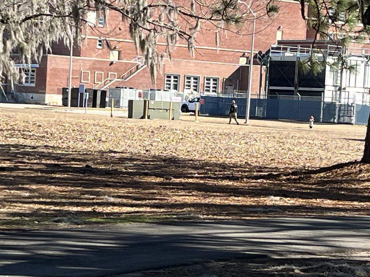 An officer carrying a gun was seen walking the campus of the Naval Hospital Beaufort the morning of Jan. 29, 2026, as local and military law enforcement conducted an active shooter simulation exercise.