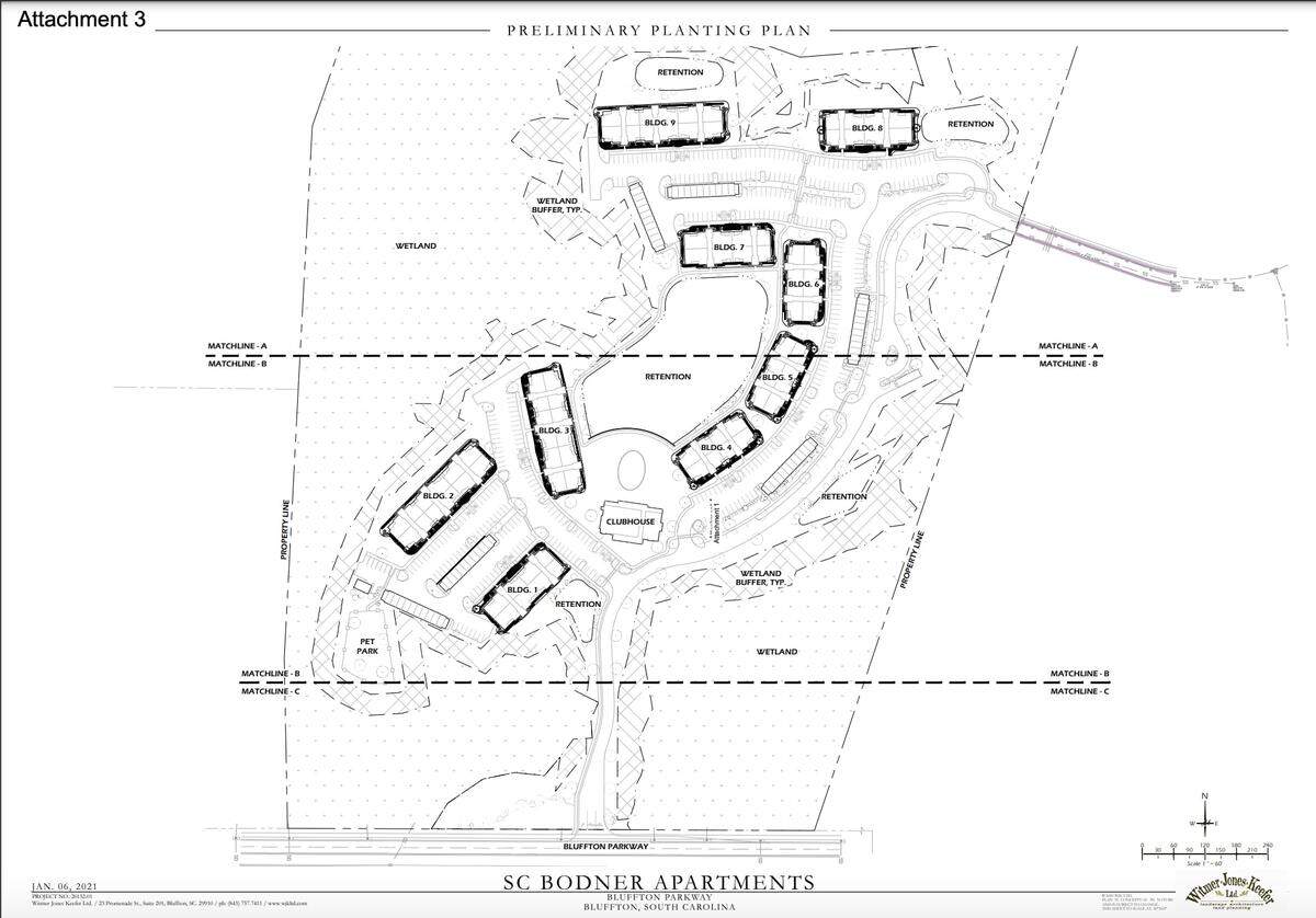 Development plans for the proposed apartment complex behind Bluffton’s Buckwalter Place.