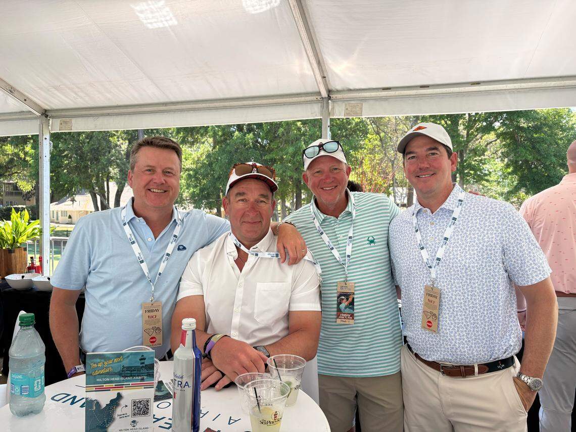 Ted O’Malley, David Foster, Tim Dietlin and Eric Hartung (left to right) of Chicago hang out at the Lighthouse Club at RBC Heritage on Friday, April 17, 2026.