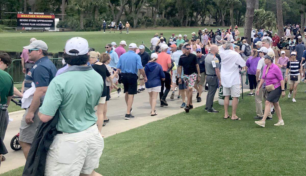 A sign warns spectators on Friday afternoon of severe weather approaching at RCB Heritage at Harbour Town Golf Links in Sea Pines on Hilton Head Island.