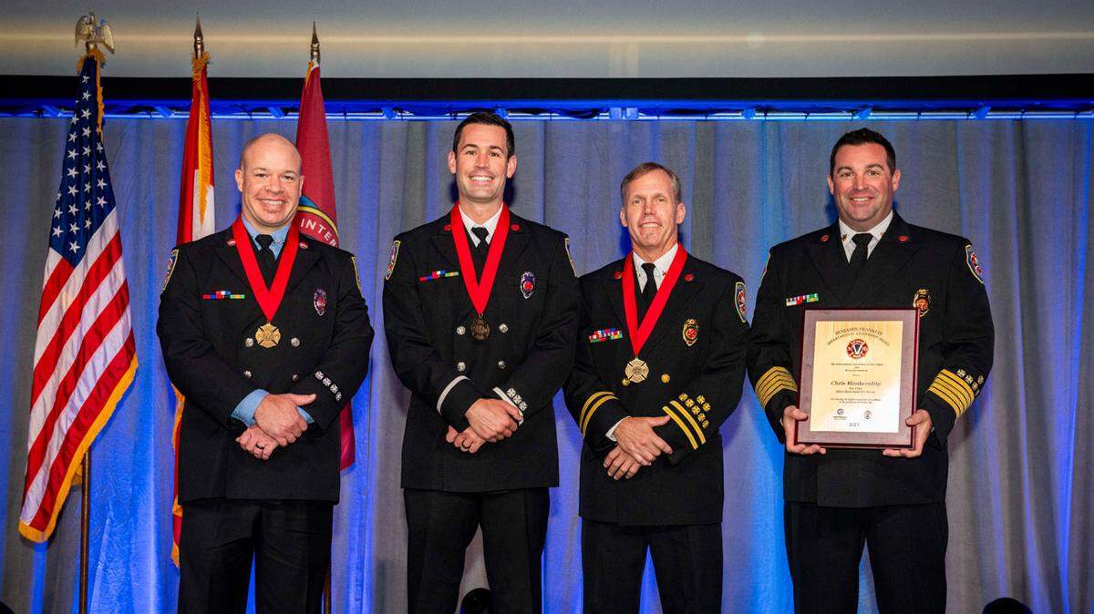 Hilton Head firefighters David Bell, Brendan Horlbeck and Sean Kavlick received the Ben Franklin Award for Valor for their heroic rescue during a housefire that left one dead. Photo by the International Association of Fire Chiefs.