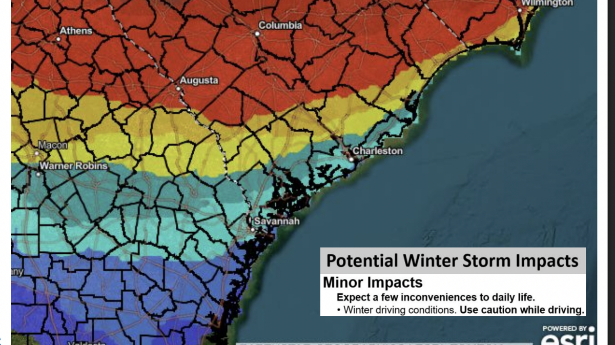 Early forecasts from the National Weather Service indicate a 20% to 30% chance of minor winter storm impacts between Saturday evening and Sunday evening for areas between Charleston and Savannah.