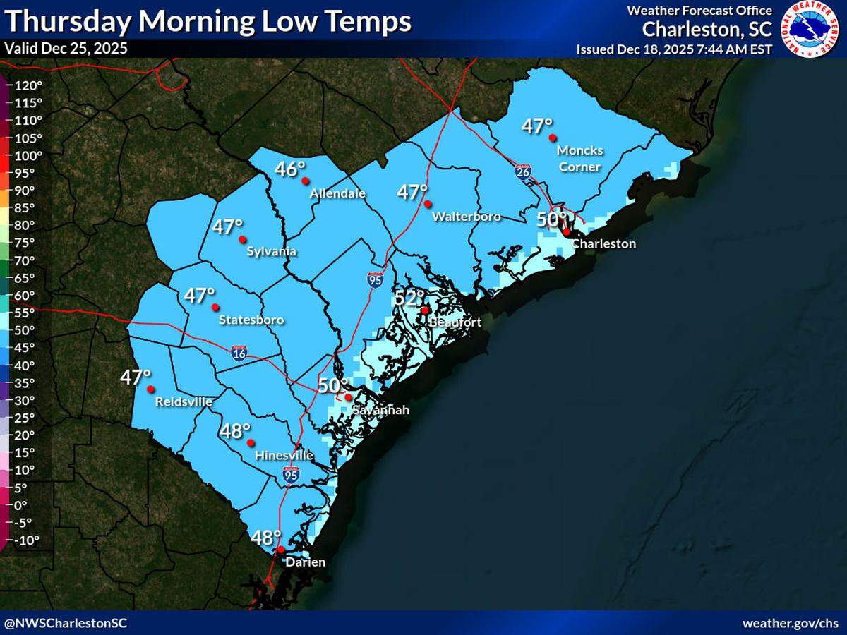Christmas Day is expected to be pleasant, with the morning bringing mild temperatures in the low 50s and warming to the low 60s midday, according to the National Weather Service on Dec. 18, 2025.