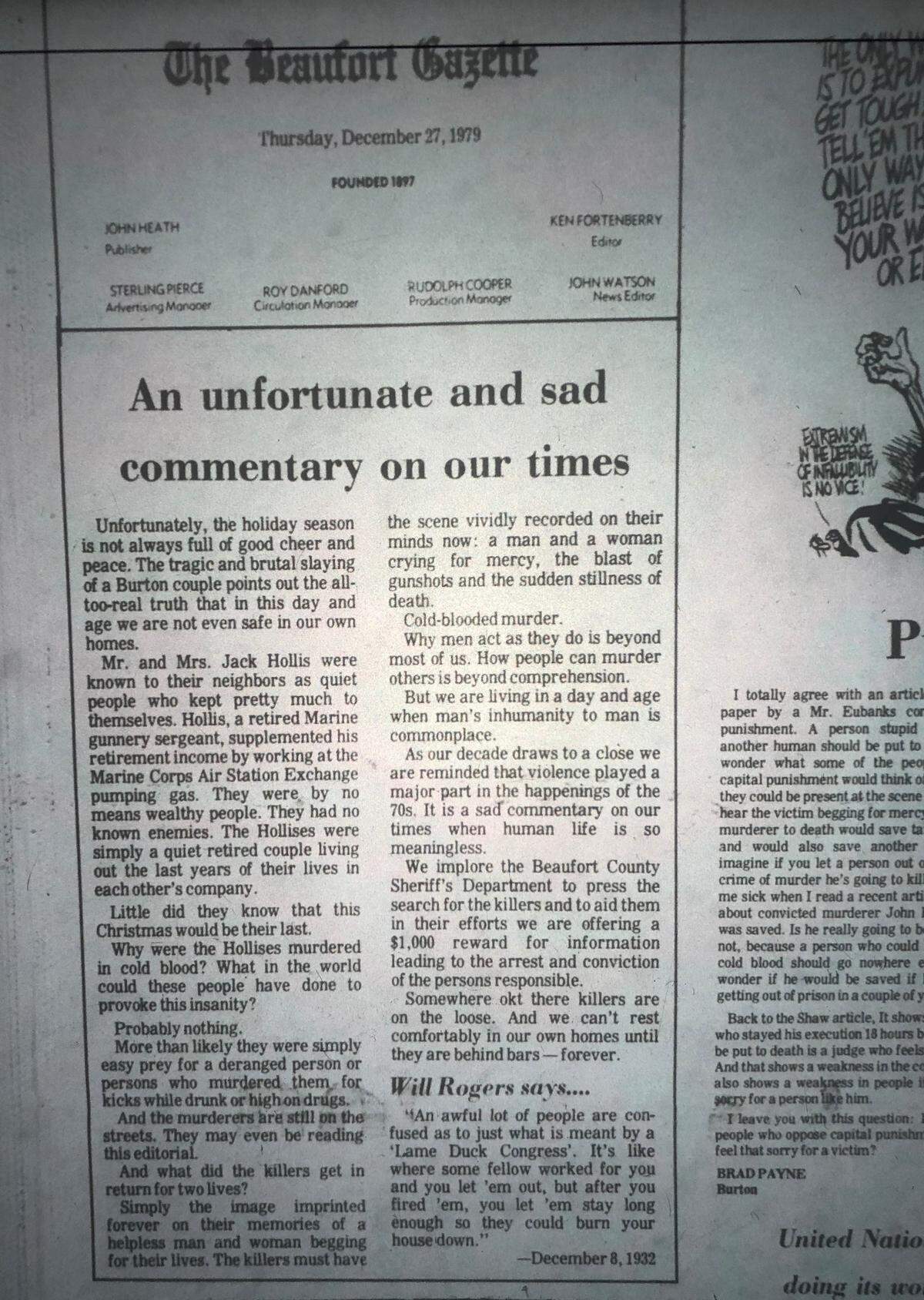 The Beaufort Gazette editorial board wrote this piece on Dec. 27, 1979 — days after the Hollises were found murdered in their own home.