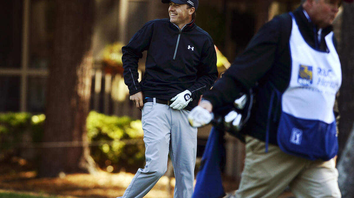 Jordan Spieth, reacts after sinking a putt during the Pro-Am at the RBC Heritage Presented by Boeing on April 16, 2014.