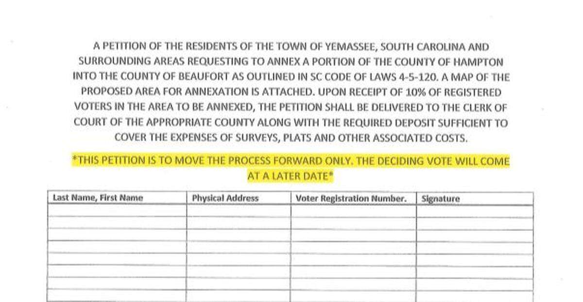 A copy of the petition made by Town of Yemassee residents proposing about seven miles of the town and surrounding area be annexed into Beaufort County from Hampton County.