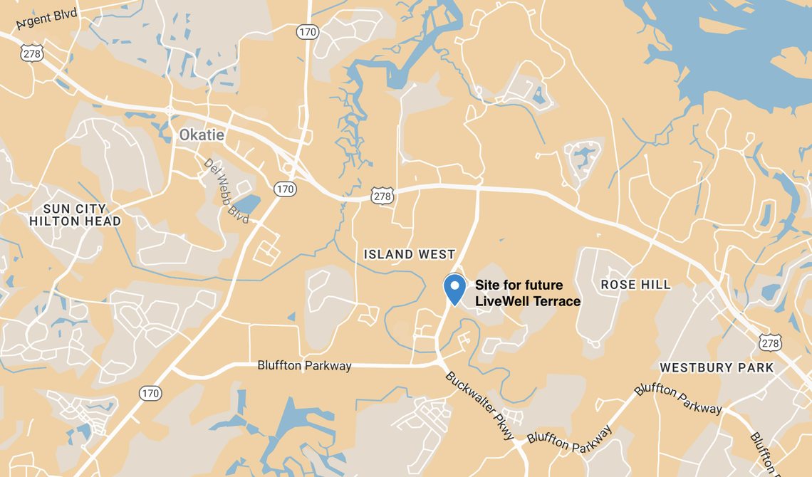 The new LiveWell Terrace affordable/workforce units will be located up the street from the under-construction Bluffton Community Hospital.