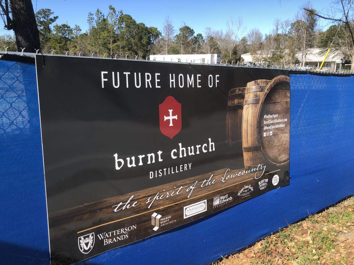 A sign in front of the future home of the Burnt Church Distillery.