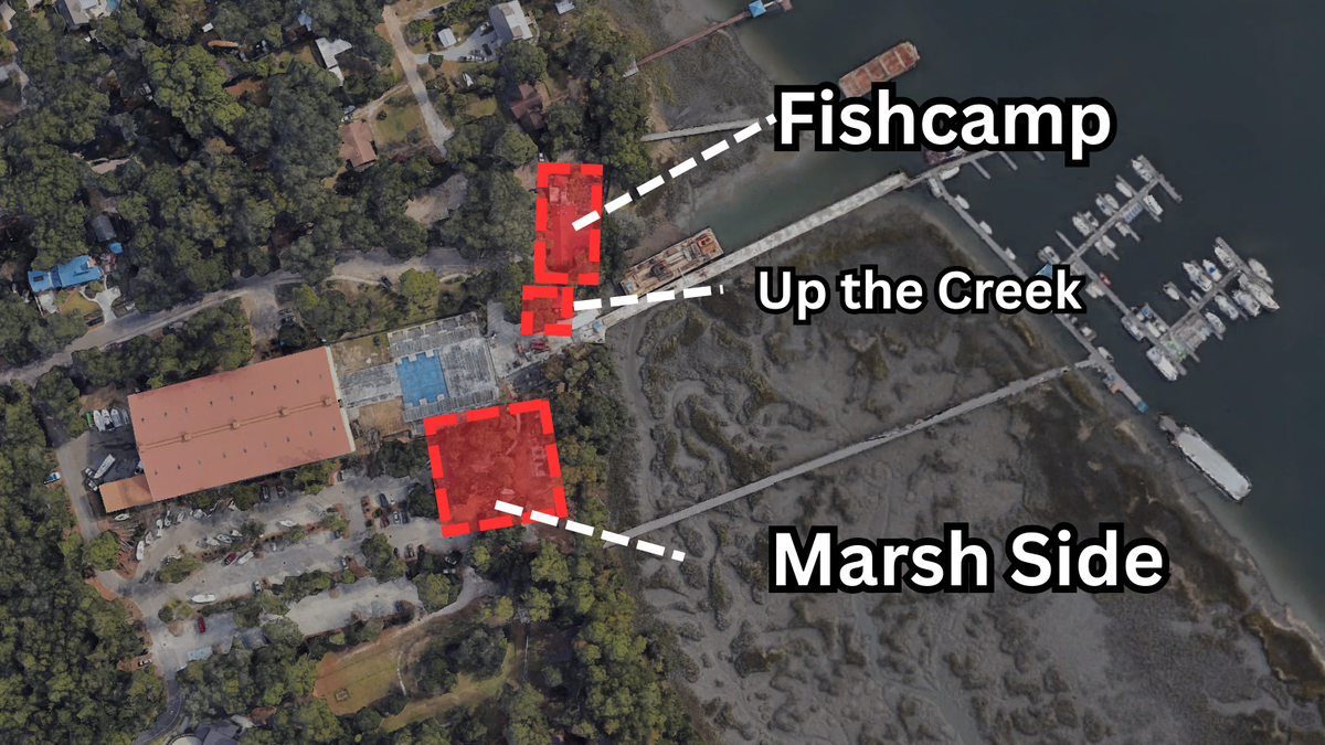 Graphic shows the locations of the existing Fishcamp and Up the Creek restaurants in Broad Creek Marina alongside the proposed new Marsh Side restaurant.