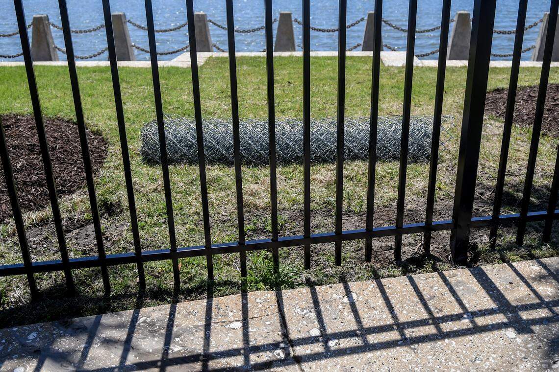 Rolled chain link fencing can be seen after being replaced with new aluminum fencing on April 15, 2026, at Henry C. Chambers Waterfront Park in downtown Beaufort.
