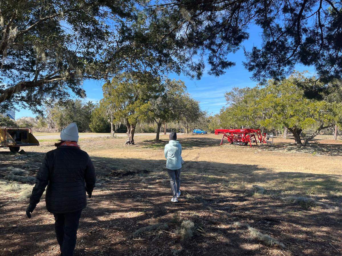 Barbara Berry and Tricia Fidrych stroll through a passive park that is under development between the marsh and Sands Beach Road. They are members of a committee that is making recommendations to the town about the park.