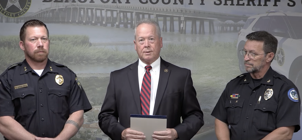 Beaufort County Sheriff PJ Tanner (center) joined Bluffton Chief of Police Joseph Babkiewicz (left) and Beaufort Police Chief Dale McDorman to announce the newly signed MOU at a Wednesday afternoon press conference.