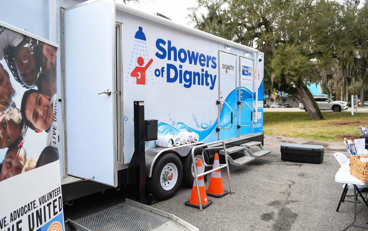 The completely self-sufficient 24-foot trailer can carry 400-hundred gallons of water for 18, 15-minute showers and a load of laundry. If connected to a water service, it can run endlessly.