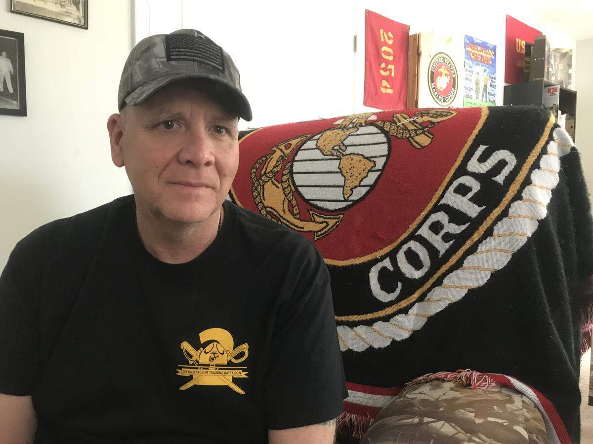 Retired Marine Corps Gunnery Sgt. Chuck Betz sits in a recliner on Monday, April 16, 2018, in his Bluffton, S.C. home. Betz served from 1987 to 1989 as a drill instructor at Marine Corps Recruit Depot Parris Island.