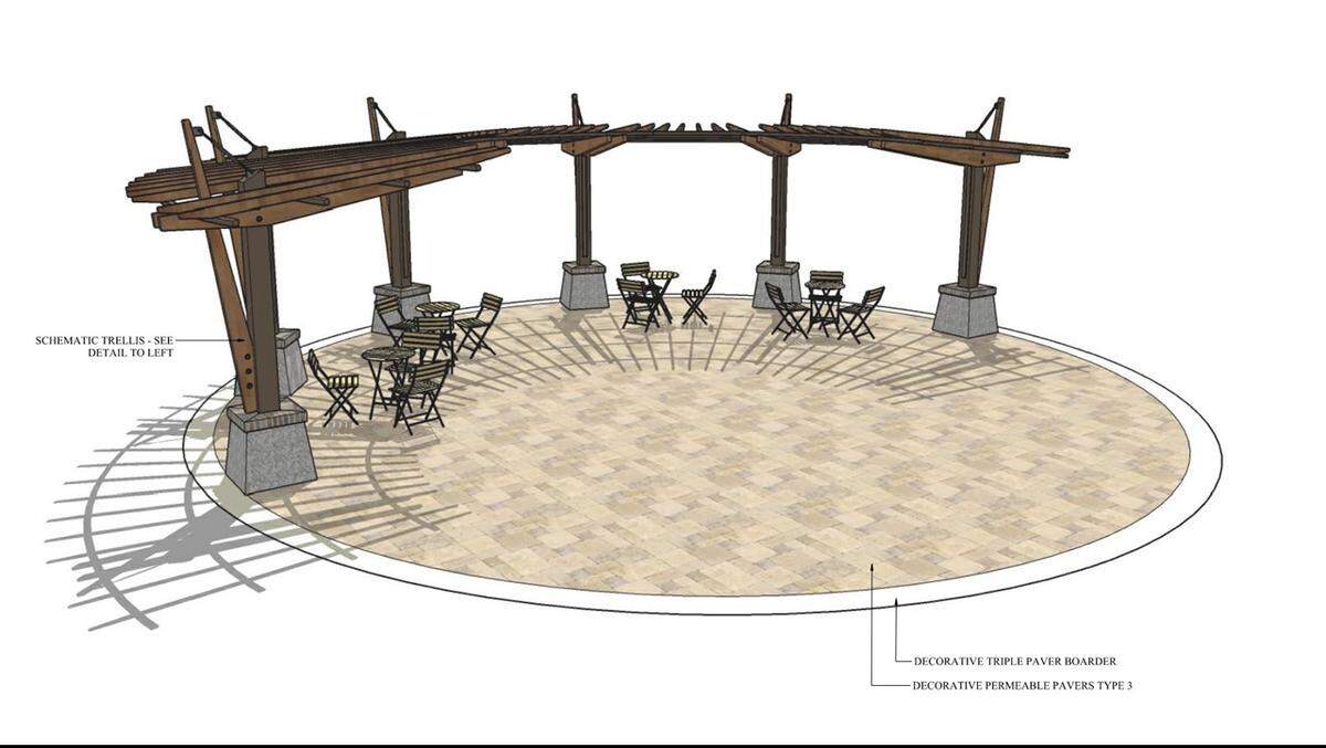 A rendering of the seating area in the new “pocket park,” designed by Hilton Head-based landscape architecture firm Wood + Partners.
