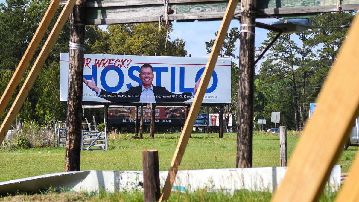 A billboard advertises the services of attorney Mike Hostilo at S.C. Highway 315 in Levy on Wednesday, April 9, 2025, the same day Hostilo was publicly reprimanded by the S.C. Supreme Court for advertising violations. The violations did not include this billboard.