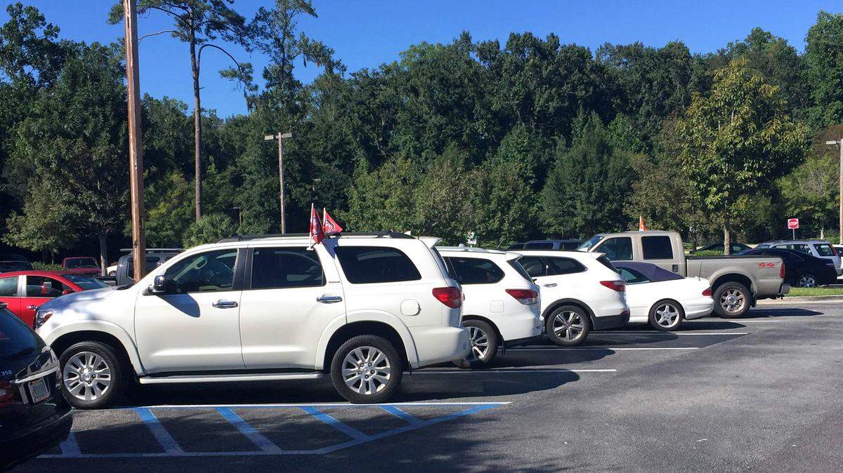 You might think this is a photo of a used car lot arranged by color, but no it's just a regular grocery store parking lot in Bluffton.