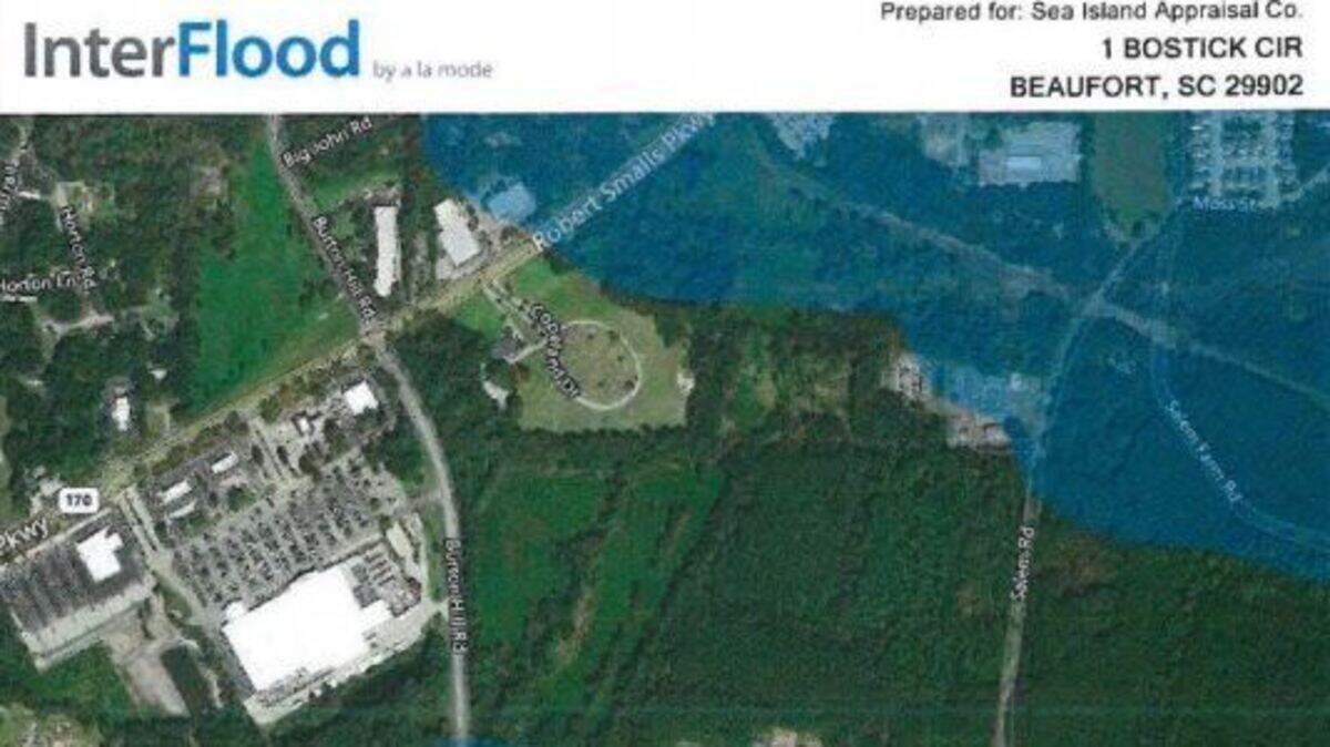 A screen shot of a flood map showing the area near Battery Point in northern Beaufort County, South Carolina.