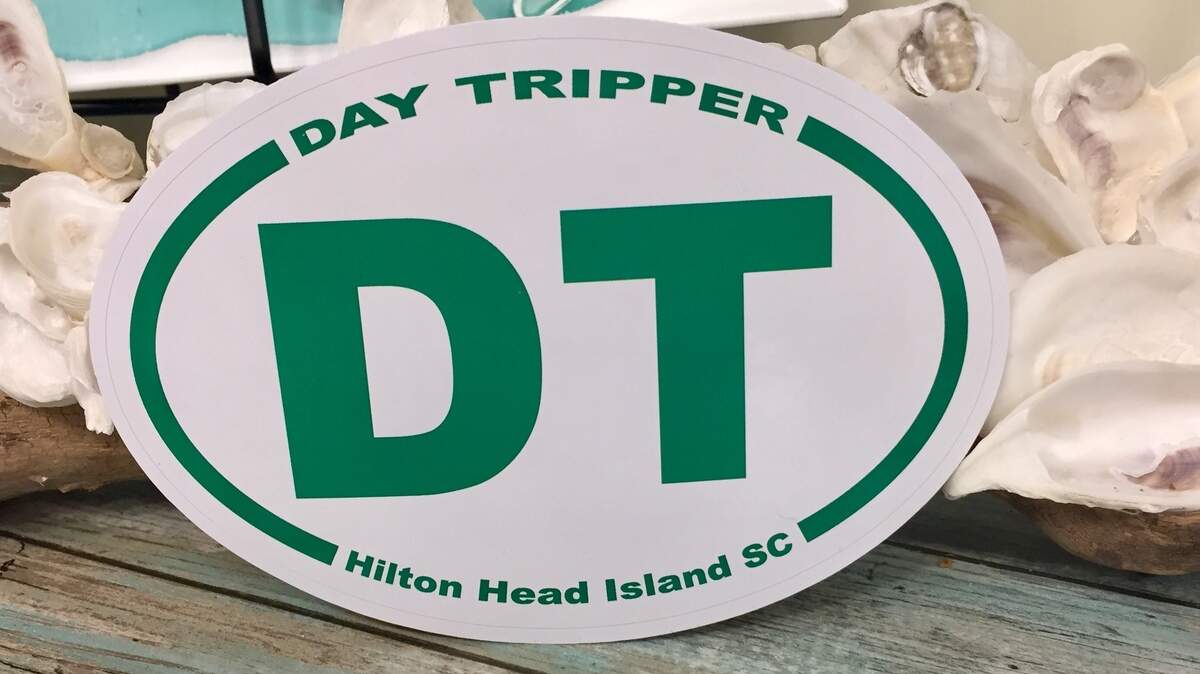 “Day Tripper” sticker at Cooper’s Lighthouse in the Bluffton Promenade.
