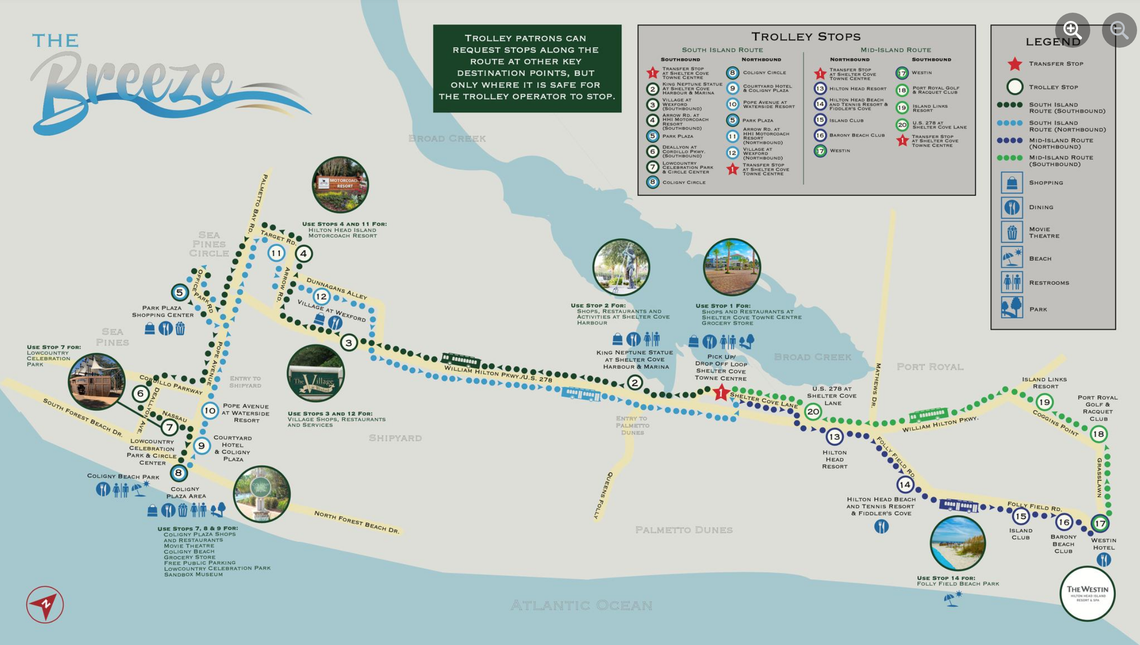 The 2022 Breeze Trolley route on Hilton Head Island.