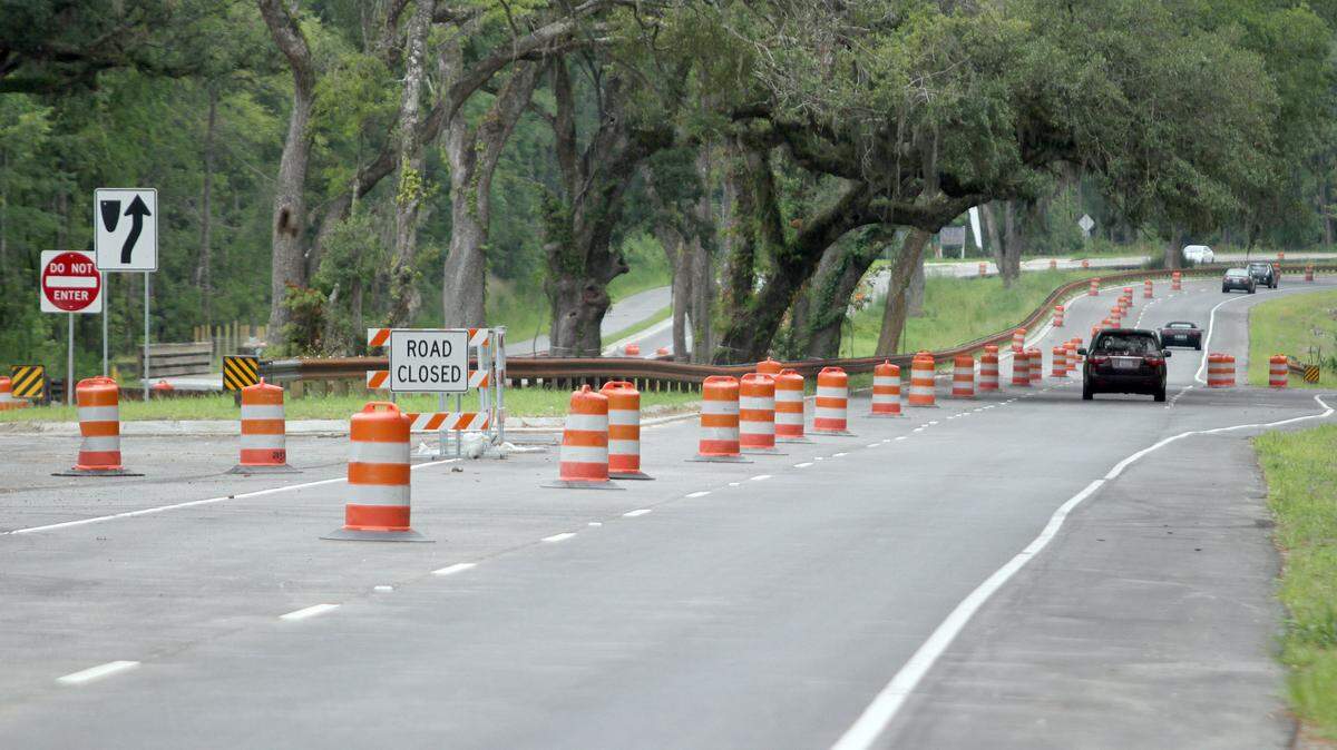 Construction cones line S.C. 170 on Thursday afternoon in Bluffton.
