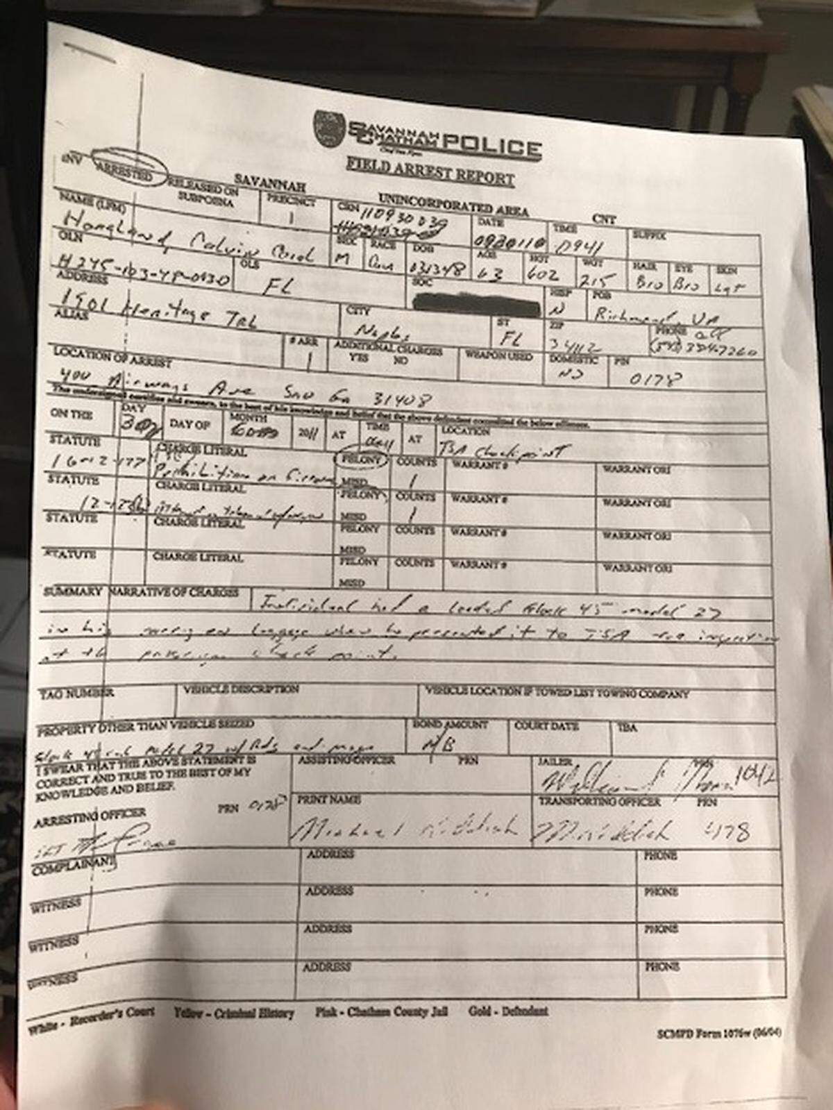 A police report from the Chatham/Savannah Police department detailing Skip Hoagland’s arrest at the airport in 2011 for attempting to bring a loaded gun through security. Hoagland, who has a concealed weapons permit, says he forgot it was in his bag.