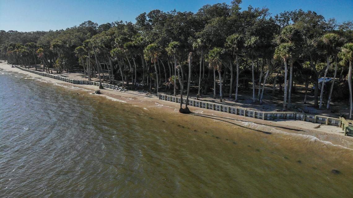 Seawalls erected by other Saltwind Drive estuarine land property owners near Jerry and Vivian Wayne as photographed on Jan. 30, 2024, were recently breached by strong winter storms that brought strong winds during high tides in Coffin Point on St. Helena Island. The Waynes have experienced substantial erosion of their St. Helena Sound property that they believe has been accelerated by these seawalls southeast of their peninsula property.
