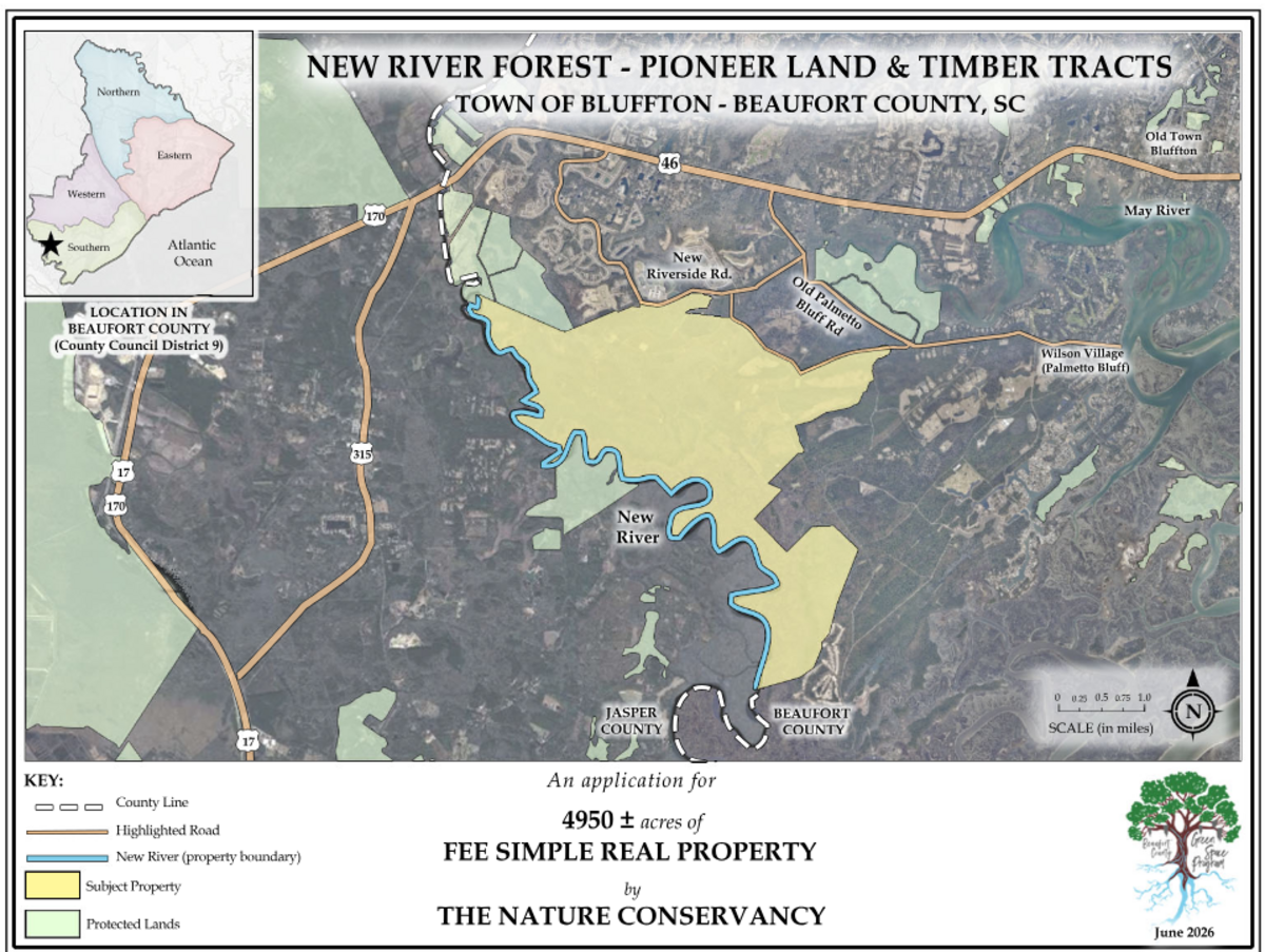 Beaufort County is considering granting $42 million in public conservation funds used to preserve green space to the Nature Conservancy, which will allow it to buy 4,950 acres in Bluffton known as New River Forest. The land would be turned over to the South Carolina Forestry Commission for management. The county, under the proposal, would receive $20 million back from the state of South Carolina after the deal is completed.