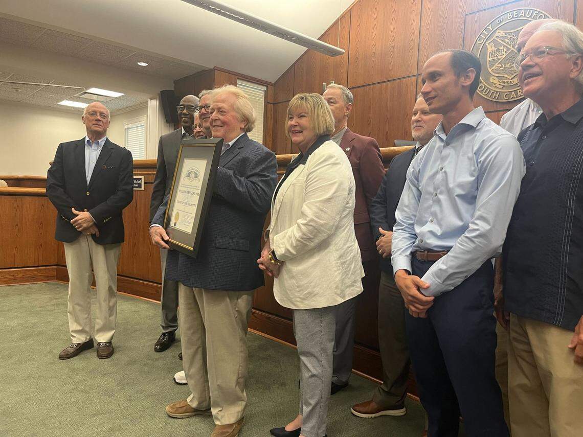 Colleagues, family and members of the city of Beaufort staff and City Council pose with former Mayor Billy Keyserling after he received the Order of the Palmetto award during a June 10 City Council meeting. Issued by Gov. Henry McMaster, the state’s highest civilian honor was presented by state Sen. Shannon Erickson, right.