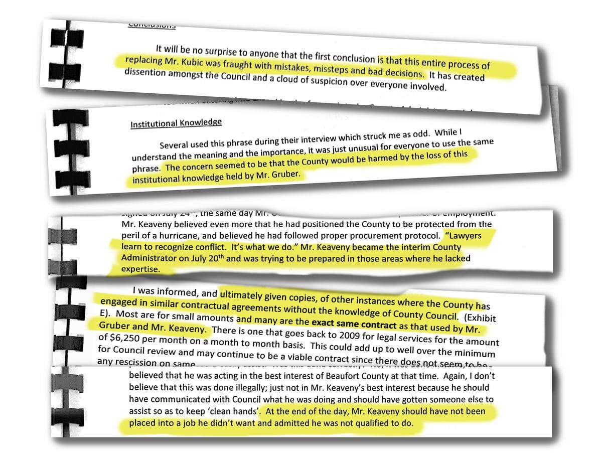 A summary of the report commissioned by Beaufort County Council to look into the actions of the former interim administrator and county attorney was leaked to The Island Packet and Beaufort Gazette.