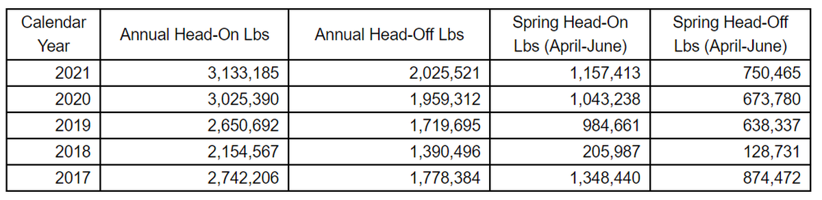 The head-on numbers are the total harvest. The head-off figures are part of the head-on totals. There are markets for both head-on and head-off shrimp.