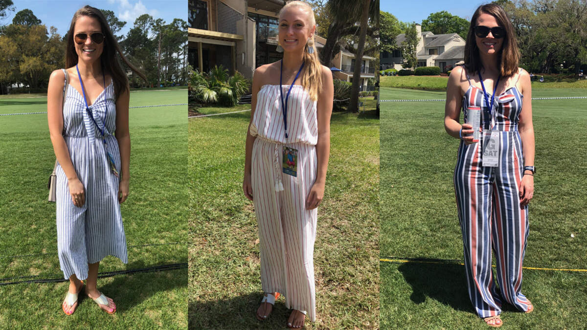 From left: Kristein Whittaker, who traveled to Hilton Head from Charlotte, wears a jumpsuit in blue stripes; Ellery Newcomer preferred red stripes for her jumpsuit; Madi Palermo's jumpsuit almost didn't make to heritage, but luckily her husband sewed up the hole in the jumpsuit's bottom.