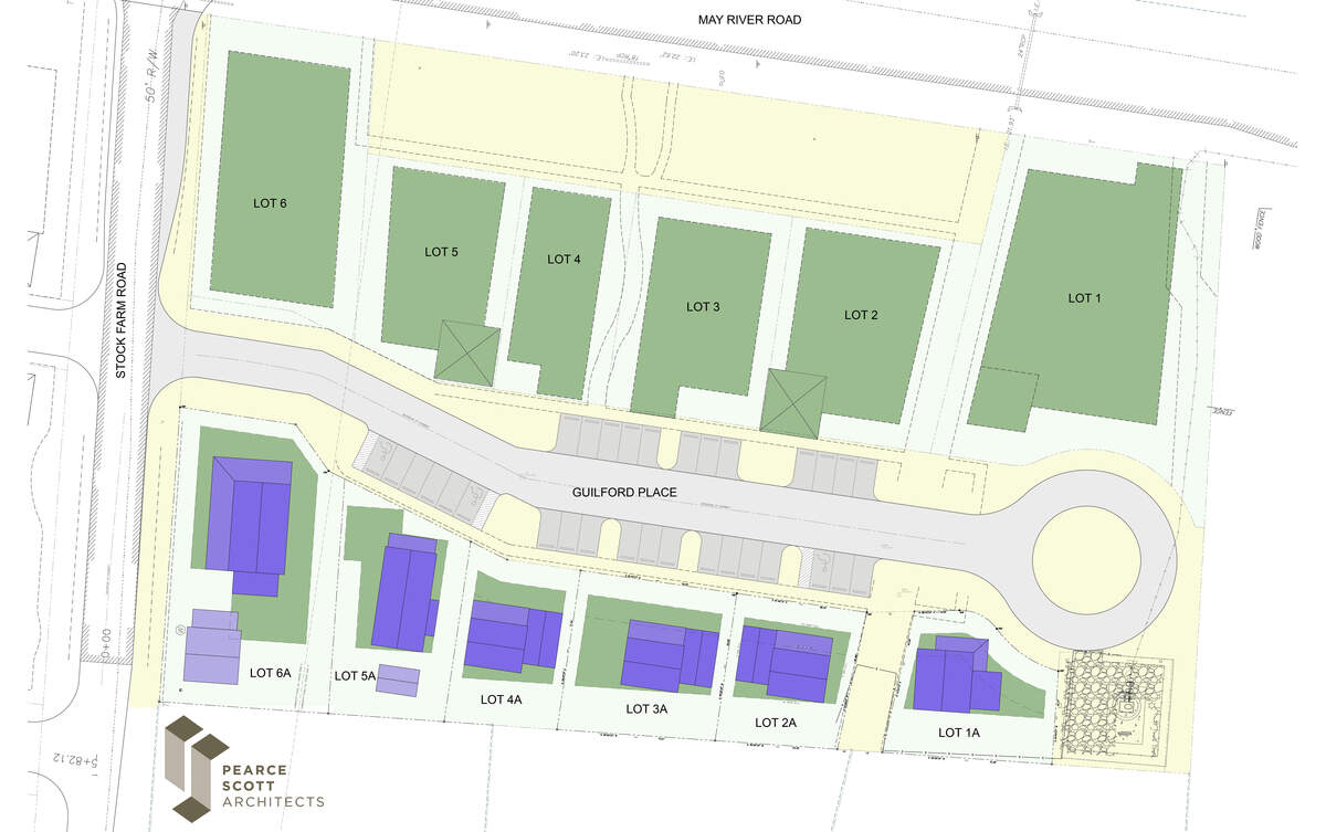 This site plan shows the mixed-use lots, in green, and the residential lots, in purple, proposed by Eugene Marks in the Stock Farm development in Bluffton.