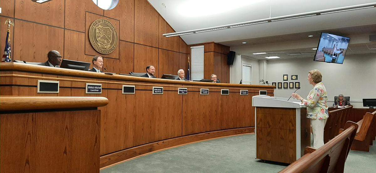 Beaufort City Council members listen to public comment at a regular meeting Tuesday, the first time council members met in person in more than a year.